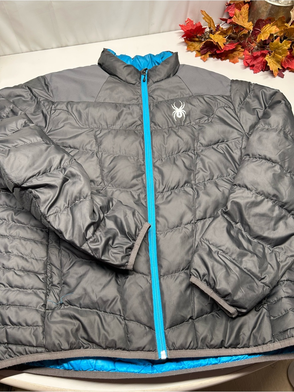 Spyder Kids Gray Puffer Jacket with Bright Blue Trim